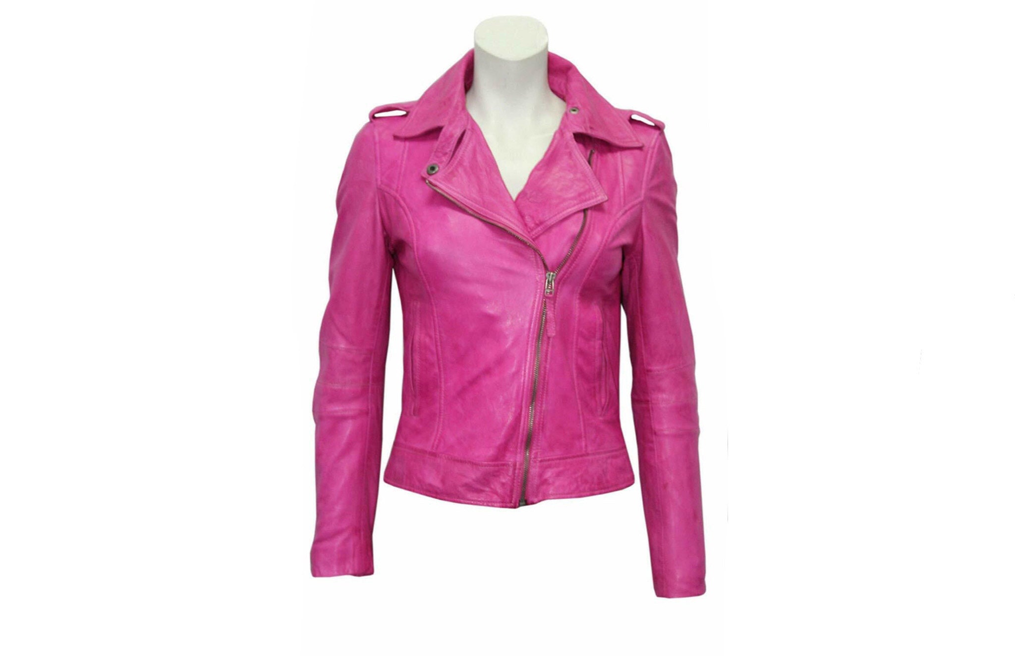 Ladies Pink Real Genuine Leather Slim fit Retro Biker Leather Jacket 
