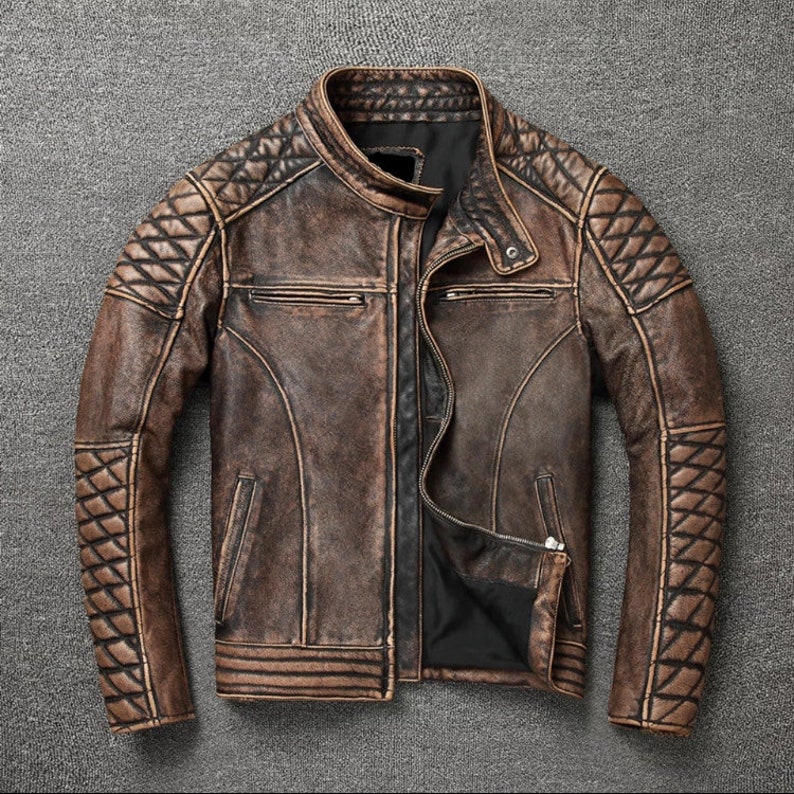 Vintage bruine westerse stijl bedroefd leren jas mannen echte Etsy Nederland