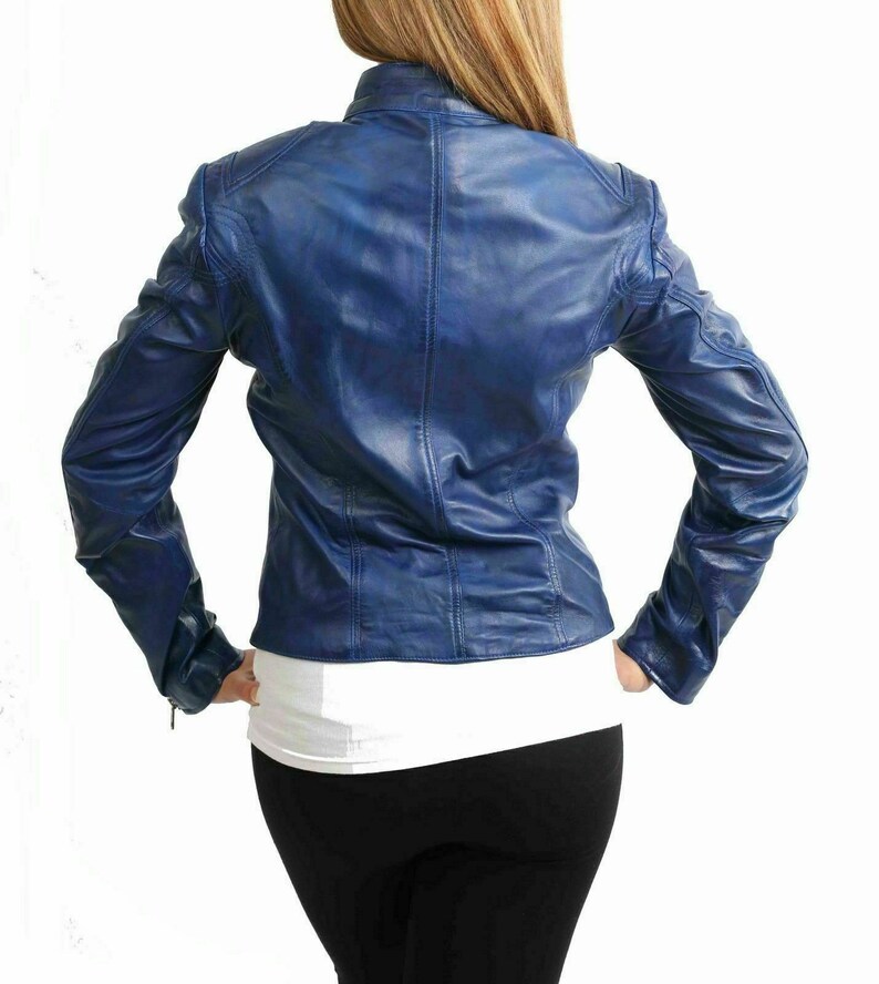 Blue biker leather jacket women/'s slim fit cropped style wax real sheepskin leather distressed coat