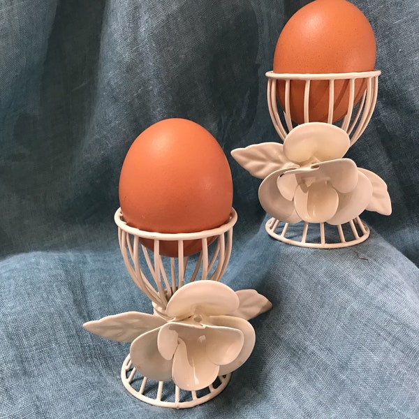 Egg cups two with rose design breakfast vintage style country cottage egg cups white metal frame ornamental egg cups country house style