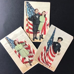cartes postales vintage États-Unis d’Amérique Patriotic Stars and Stripes Flag Uncle Sam 1910 cartes postales Courrier indien 4 juillet Frère Sœur