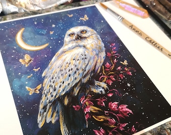 Magic Owl, PRINT, snowy owl and moths, magical, celestial, hand finished fine art print, gold details, 6x8", 8x10"