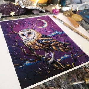 Può includere: Un dipinto di un gufo comune appollaiato su un ramo con una luna crescente e stelle sullo sfondo. Il gufo ha una faccia bianca e piume marroni e bianche. Lo sfondo è di un viola intenso con accenti dorati.