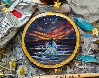 Golden Sunrise, wood slice painting, mini goddess art, seascape, divine feminine, gold details, approx 10cm diameter