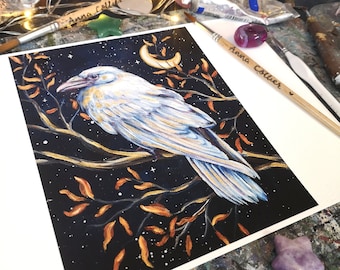 Voice of the Ancestors PRINT white raven fine art print, crescent moon and stars, autumnal, 316gsm paper, hand finished with gold details