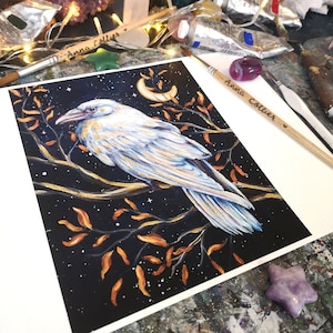 Voice of the Ancestors PRINT white raven fine art print, crescent moon and stars, autumnal, 316gsm paper, hand finished with gold details