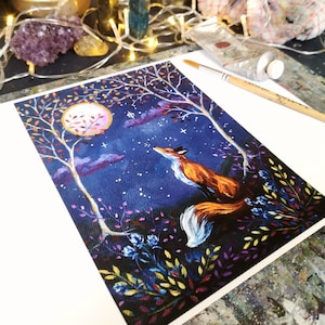 Dreams of Autumn PRINT Fuchs und Vollmond Fine Art Print, verträumt, herbstlich, handveredelt mit goldenen Details 16x20&quot;, 20x10&quot;