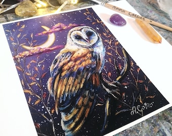 Dreamcatcher PRINT barn owl and crescent moon, celestial, dreamy, fine art print, hand finished with gold details, 6x8&quot;