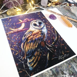 Dreamcatcher PRINT barn owl and crescent moon, celestial, dreamy, fine art print, hand finished with gold details, 6x8"