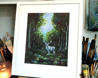 Impressão giclée de belas artes The Thirsty Traveller, veado branco e prado florestal, acabamento à mão com detalhes prateados, 10x12"