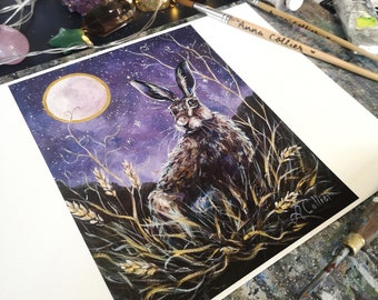 Harvest Moon PRINT hare and full moon, pagan art, witchy art, hand finished fine art print, 316 gsm paper, gold details 6x8", 8x10"