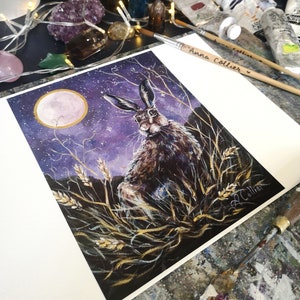 Harvest Moon PRINT hare and full moon, pagan art, witchy art, hand finished fine art print, 316 gsm paper, gold details 6x8&quot;, 8x10&quot;