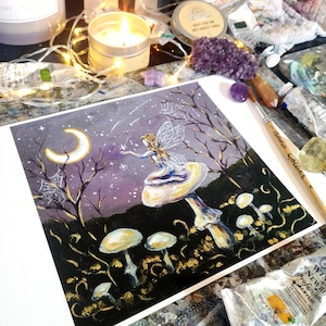 The Collector PRINT, fairy and mushrooms, crescent moon, falling stars, magical and dreamy, gold details 8x8&quot;