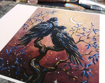 Huginn and Muninn PRINT, pagan art, black ravens, crescent moon, hand finished fine art print, gold details, 6x8", 8x10"
