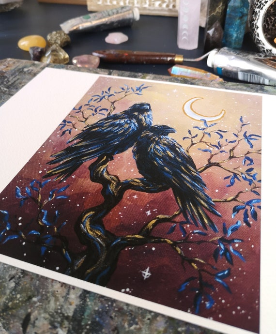 Huginn and Muninn PRINT, pagan art, black ravens, crescent moon, hand finished fine art print, gold details, 6x8", 8x10"