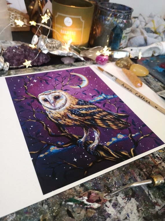 DreamWalker PRINT barn owl art, giclee print, owl gift idea, magical, dreamy, gold details, 6x8", 8x10"