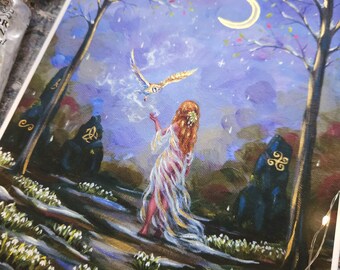 Imbolc, IMPRESSION, art Brigid de la déesse, roue Imbolc de l'année, art sorcier païen, perce-neige et lune, détails dorés, 6 x 8", 8 x 10"