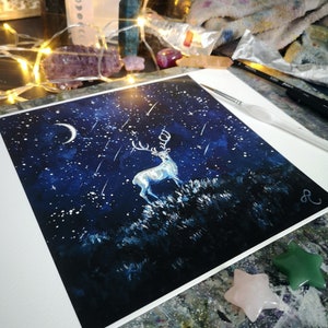Catching Stars PRINT white stag and falling stars fine art print, celestial, 316gsm paper, hand finished with silver details 8x8&quot;