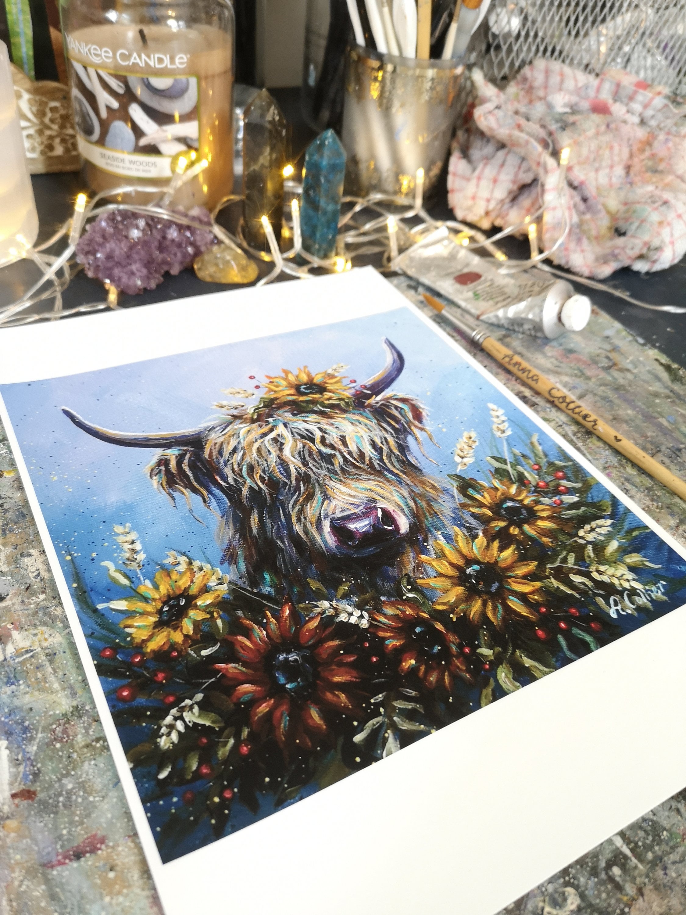 Augustine PRINT highland cow and sunflowers Fine Art Print 316 gsm paper, autumnal, hand finished with gold details 8x8"
