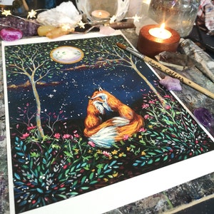The Night Garden PRINT, cuddling foxes, full moon, enchanting, fox gift idea, romantic, gold details, 6x8&quot;, 8x10&quot;