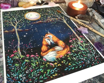 The Night Garden PRINT, cuddling foxes, full moon, enchanting, fox gift idea, romantic, gold details, 6x8&quot;, 8x10&quot;