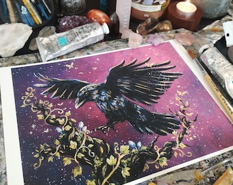 Wuthering Heights PRINT, hand finished, black raven, flying raven, pagan, witchy, magical, gold details, 8x6", 10x8""