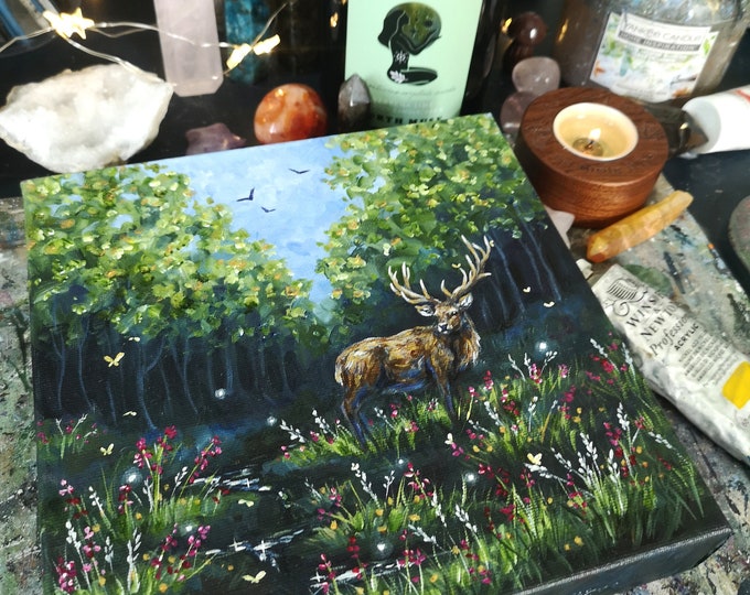 A Spot to Rest Original Stag Painting, Stag in a Floral Meadow, Will O