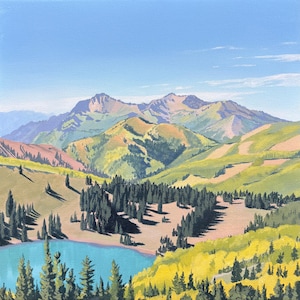 May include: A landscape painting depicts a mountain range with green and brown hills under a blue sky. A turquoise lake sits at the base of the mountains, surrounded by evergreen trees and yellow foliage. The artwork captures a serene natural scene.