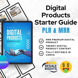 Puede incluir: Una guía de inicio para productos digitales con una portada azul y blanca que presenta una mano de robot. La guía incluye información sobre la construcción de un imperio digital, con un enfoque en PLR y MRR. La guía es totalmente editable en Canva y viene con derechos de reventa.