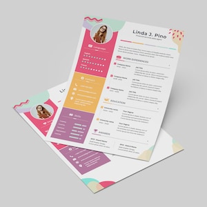 May include: A colorful resume template with a pink, yellow, and green color scheme. The resume includes a photo of the applicant, contact information, work experience, education, skills, and awards. The text on the resume reads "Linda J. Pino, Financial Services Sales Agent".