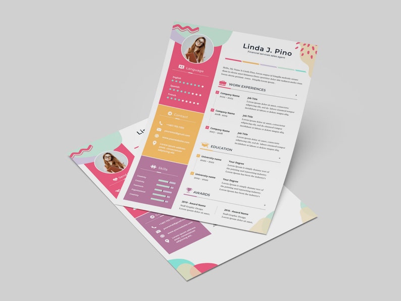 May include: A colorful resume template with a pink, yellow, and green color scheme. The resume includes a photo of the applicant, contact information, work experience, education, skills, and awards. The text on the resume reads "Linda J. Pino, Financial Services Sales Agent".