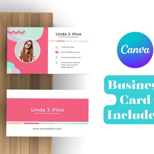 May include: A pink and white business card template with a colorful abstract design. The card features a photo of a woman, contact information, and the text "Linda J. Pino, Financial Services Sales Agent". The card also includes the text "www.yourwebsite.com".