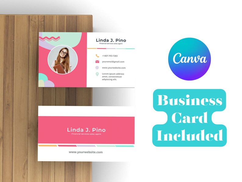 May include: A pink and white business card template with a colorful abstract design. The card features a photo of a woman, contact information, and the text "Linda J. Pino, Financial Services Sales Agent". The card also includes the text "www.yourwebsite.com".