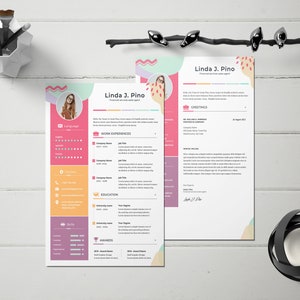 May include: A pink and blue resume template with a photo of a woman, a list of work experiences, education, and awards. The resume is titled "Linda J. Pino, Financial Services Sales Agent".