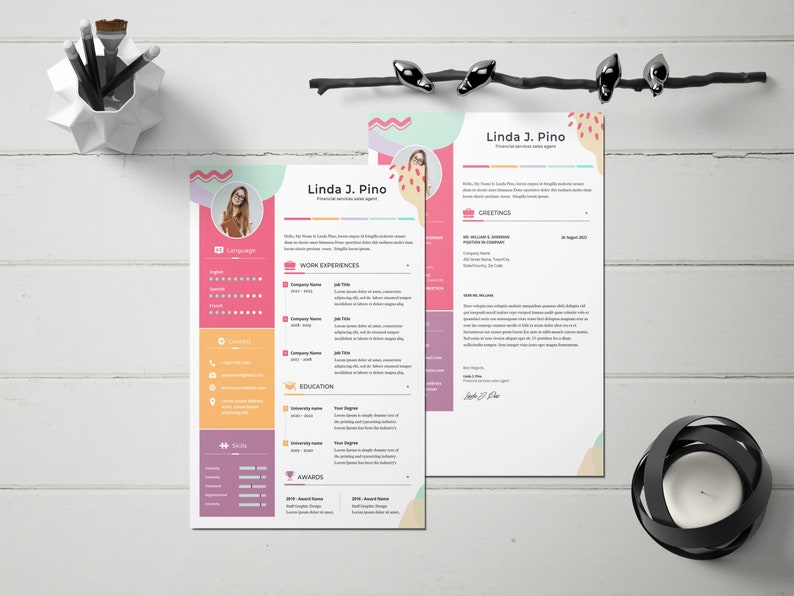 May include: A pink and blue resume template with a photo of a woman, a list of work experiences, education, and awards. The resume is titled "Linda J. Pino, Financial Services Sales Agent".