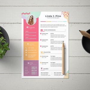 May include: A pink, yellow, and blue resume template with a photo of a woman in the upper left corner. The resume is for Linda J. Pino, a financial services sales agent. The resume includes sections for language skills, contact information, skills, work experience, education, and awards.