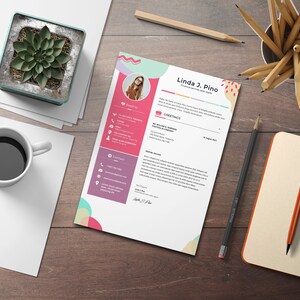 May include: A colorful resume template with a photo of a woman in the top left corner. The resume is titled "Linda J. Pino" and includes sections for "Greetings", "Skills & Abilities", "Experience", and "Contact".