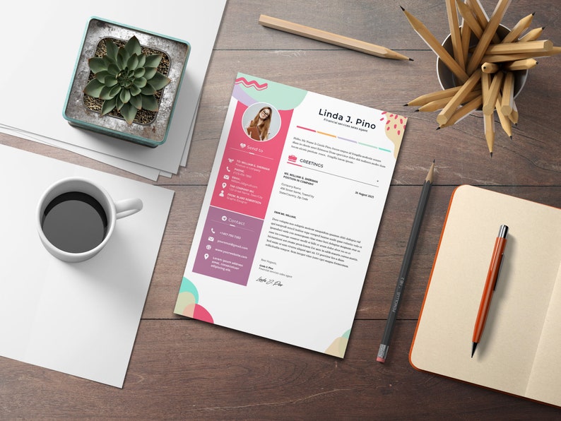 May include: A colorful resume template with a photo of a woman in the top left corner. The resume is titled "Linda J. Pino" and includes sections for "Greetings", "Skills & Abilities", "Experience", and "Contact".