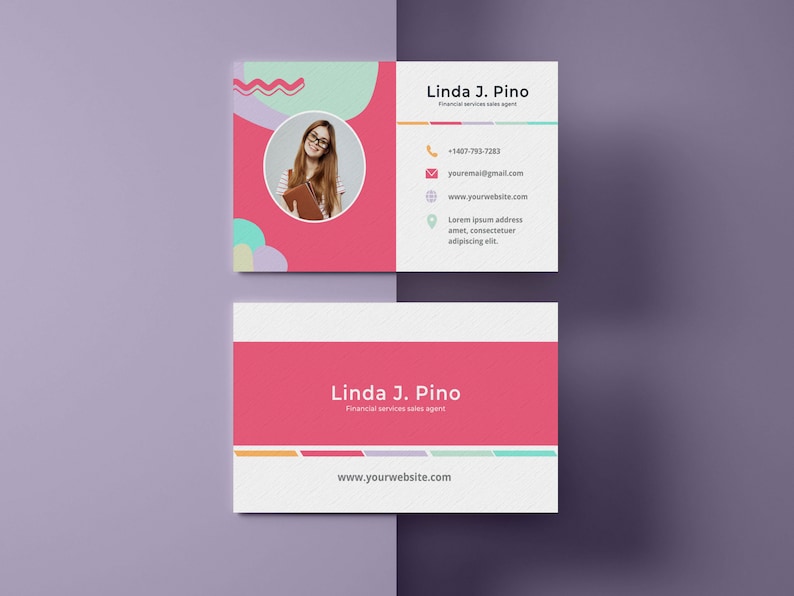 May include: A pink and white business card with a photo of a woman wearing glasses and holding a book. The text on the card reads "Linda J. Pino, Financial services sales agent, +1407-793-7283, youremai@gmail.com, www.yourwebsite.com, Lorem ipsum address amet, consectetuer adipiscing elit."