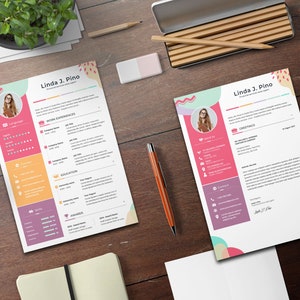 May include: A colorful resume template with a pink, yellow, and purple color scheme. The resume includes a photo of the applicant, contact information, work experience, education, skills, and awards. The text on the resume reads "Linda J. Pino, Graphic Designer and Artist".
