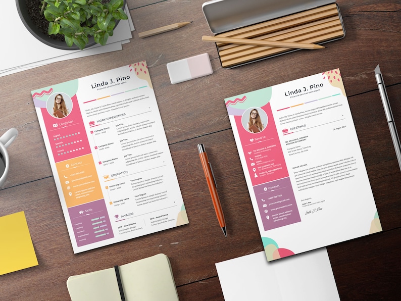 May include: A colorful resume template with a pink, yellow, and purple color scheme. The resume includes a photo of the applicant, contact information, work experience, education, skills, and awards. The text on the resume reads "Linda J. Pino, Graphic Designer and Artist".