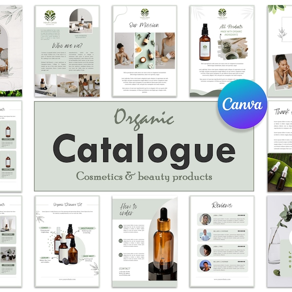 Organic Cosmetics Product Catalogue with amazing color palette, modern grid layouts, and beautiful design, Fully Editable in Canva