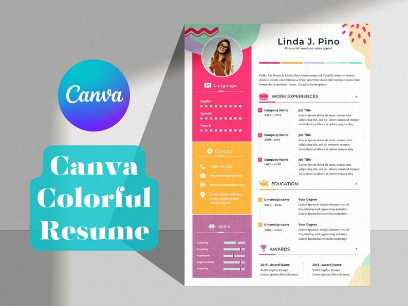 May include: A colorful resume template with a pink, yellow, and green color scheme. The resume includes a photo of the applicant, contact information, work experience, education, skills, awards, and language proficiency. The text "Canva Colorful Resume" is displayed in a teal box.