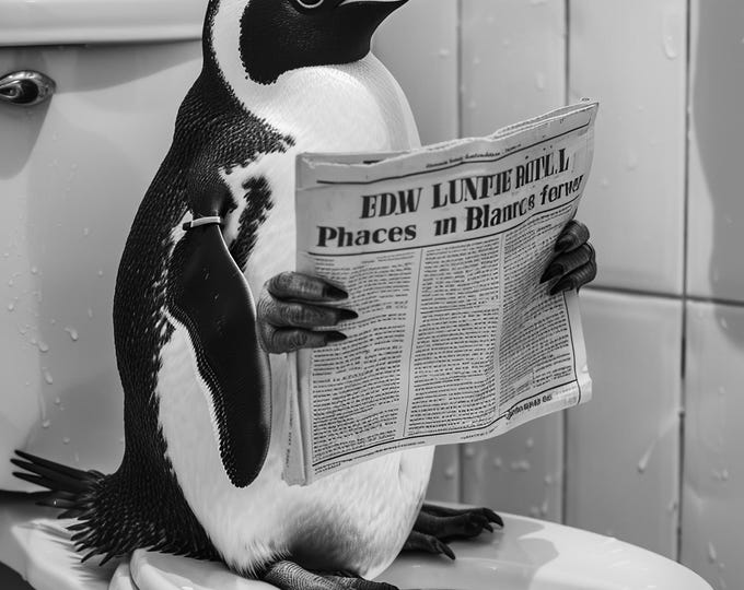 Penguin on Toilet Newspaper Art Print, Funny Bathroom Decor