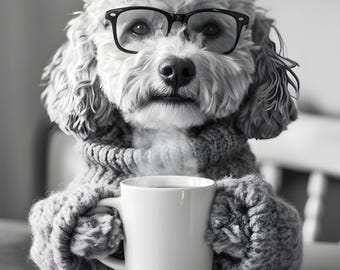 Cockerpoo Drinking Coffee Wall Art Print: Funny Dog Gift, Framed or Poster Only.