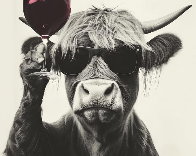 Highland Cow with Wine Print - Funny Animal Photo Art