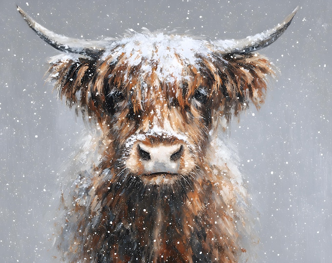 Highland Cow Winter Snow Painting: Rustic Farmhouse Wall