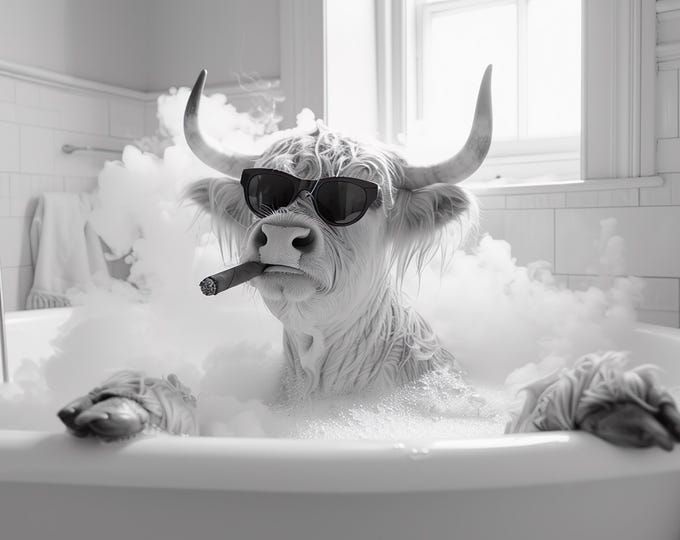 Funny Highland Cow in Bathtub Print, Bathroom Wall Art