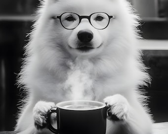 Samoyed Drinking Coffee Wall Art Print: Funny Dog Gift, Dogs Drinking Poster Framed or Print Only. FREE DELIVERY
