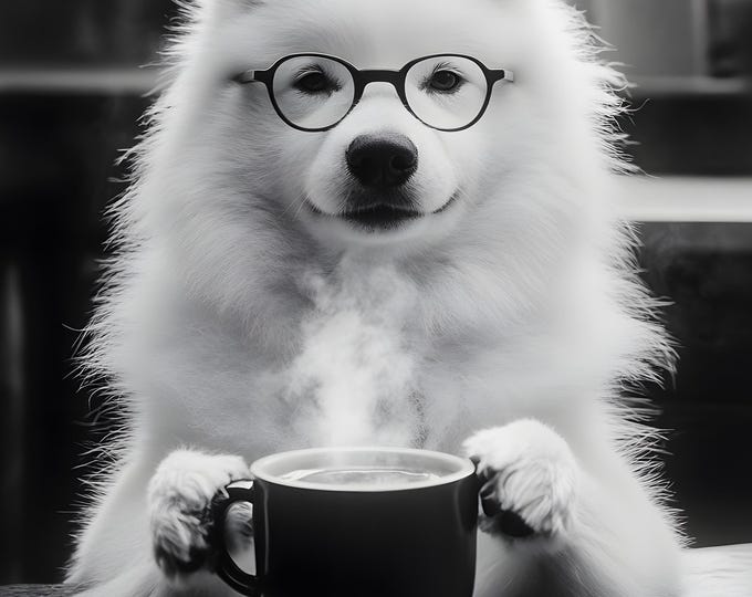 Samoyed Drinking Coffee Wall Art Print: Funny Dog Gift, Dogs Drinking Poster Framed or Print Only. FREE DELIVERY